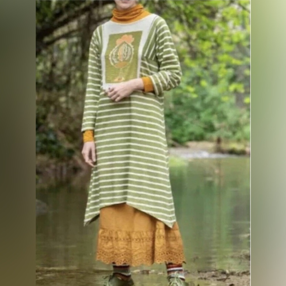 Gudrun Sjoden Olive Striped Midi Dress with Mustard Graphic Panel